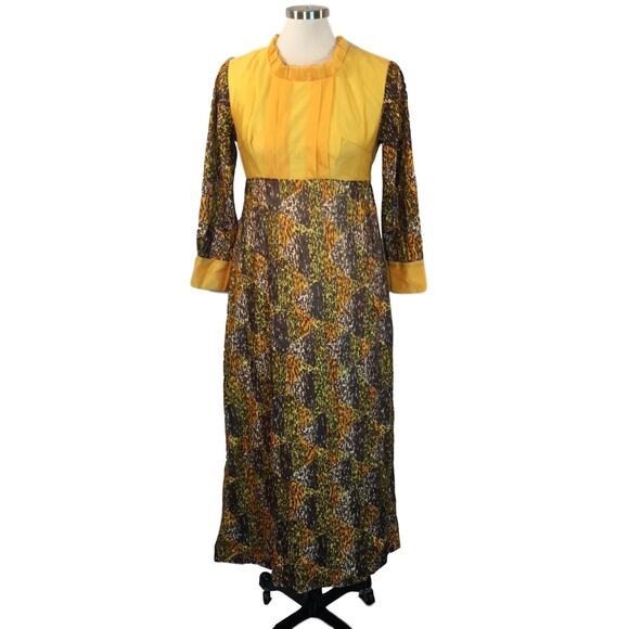 Vintage Dresses & Skirts - 60s Mayfair Cotton Lined Yellow Fall Abstract Maxi Dress Pleated Long Sleeve